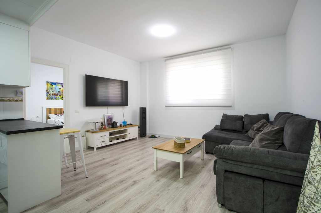 Salón - comedor con sofá, televisión de 65 pulgadas y torre musical