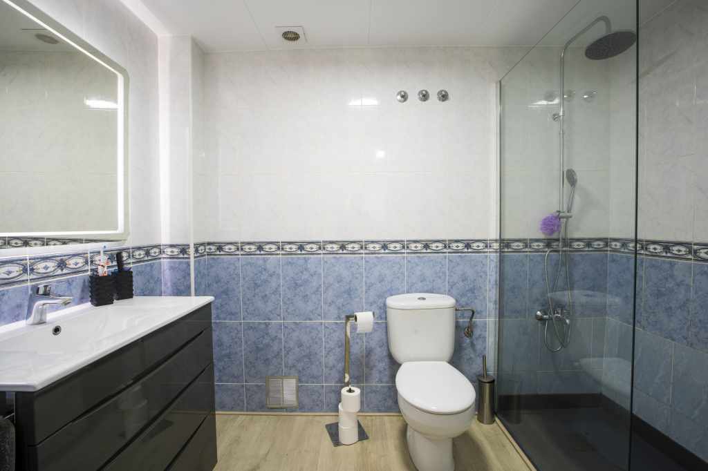 Baño completo con ducha, secador de pelo y toallas.